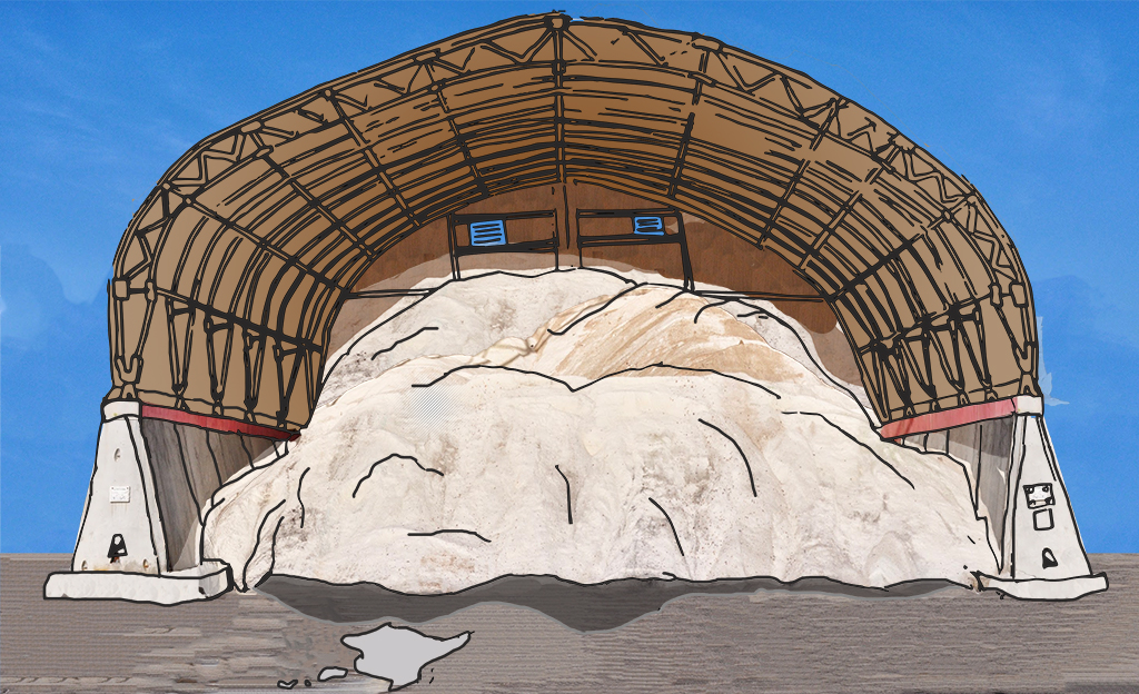 digital collage line drawing of salt or something under a hanger-like shelter